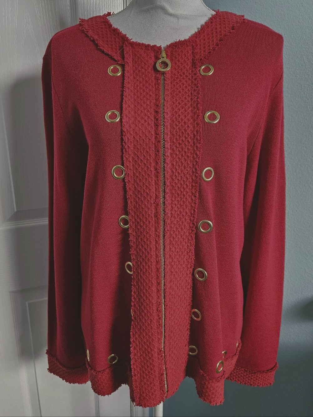 Women’s Red Knit Zip-Front Jacket
